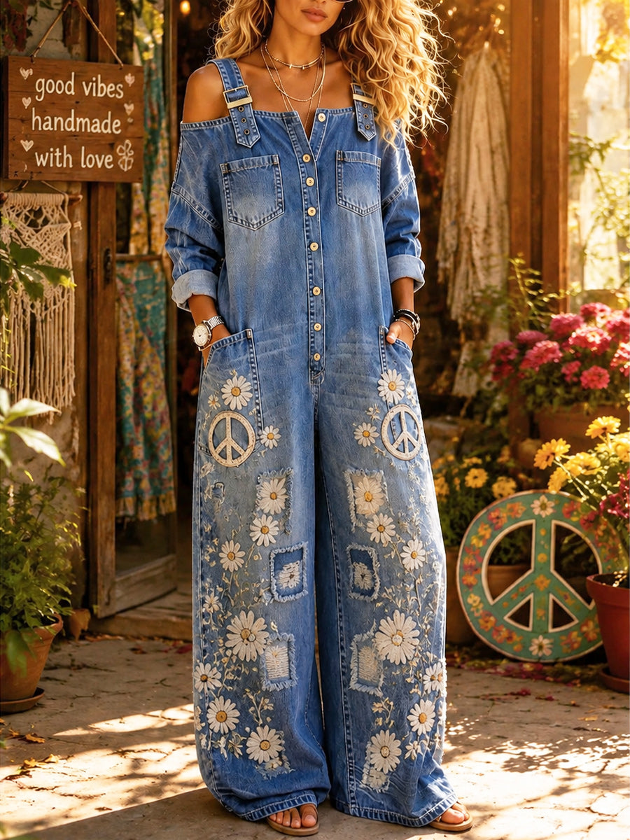 Women's Retro Style Art Print Washed Cotton Denim Off-The-Shoulder Jumpsuit